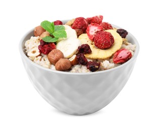 Oatmeal with freeze dried fruits, nuts and mint isolated on white