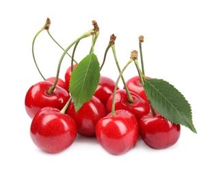 Photo of Heap of ripe sweet cherries on white background