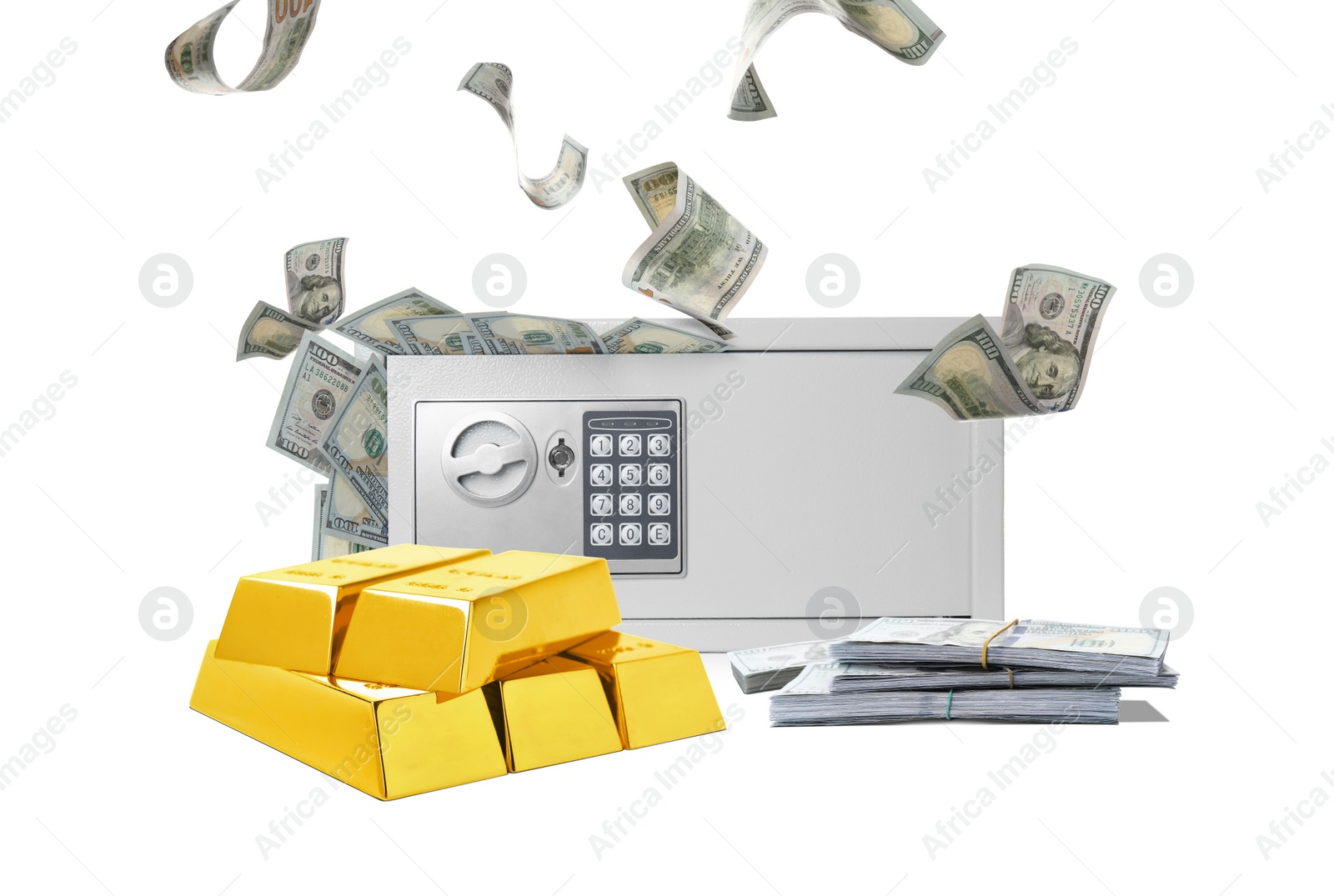 Image of Closed steel safe with money and gold bars on white background