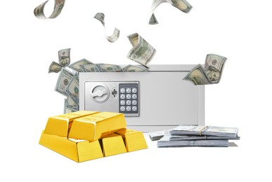 Image of Closed steel safe with money and gold bars on white background