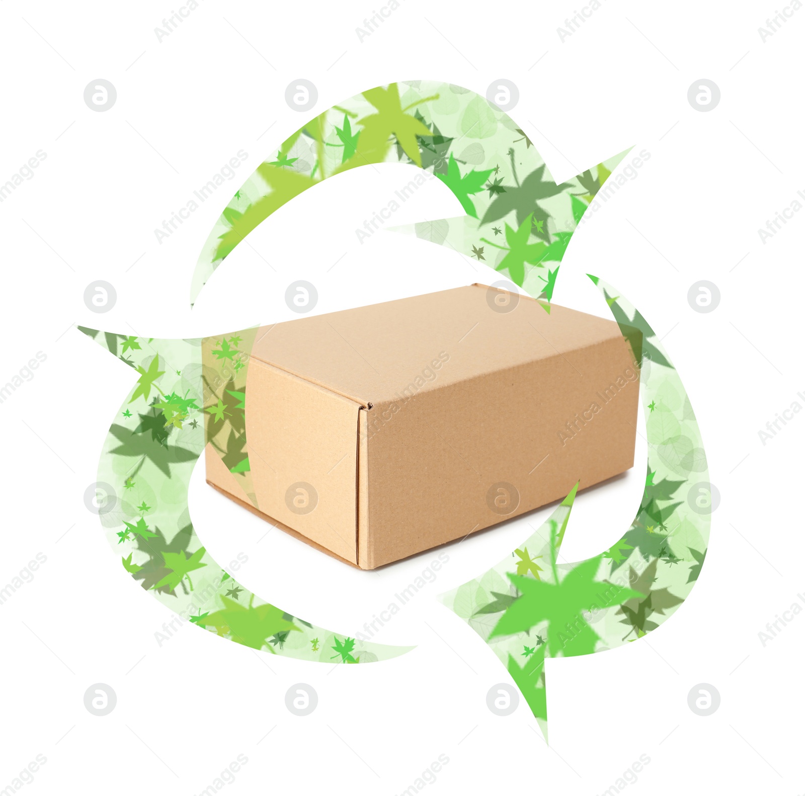 Image of Cardboard box and recycling symbol on white background