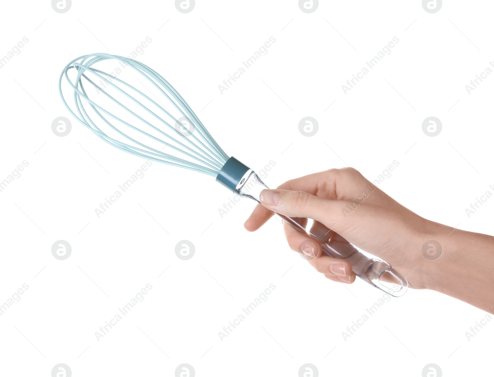 Photo of Woman holding whisk on white background, closeup