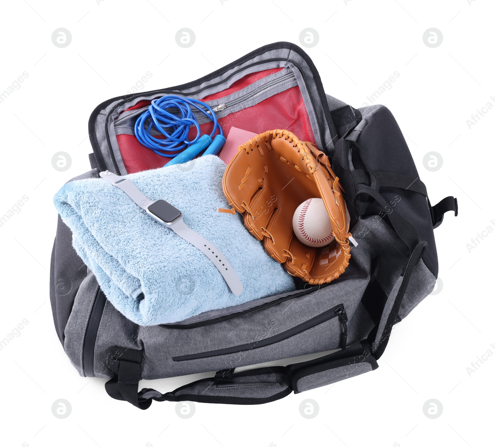 Photo of Gym bag and sports equipment on white background, top view