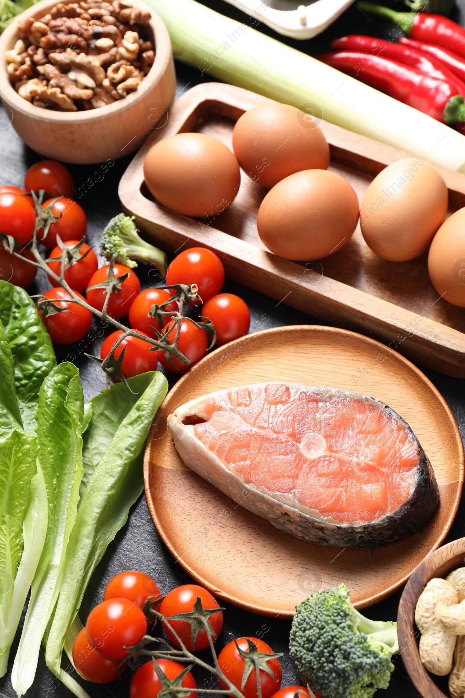 Photo of Many different healthy food on table, above view