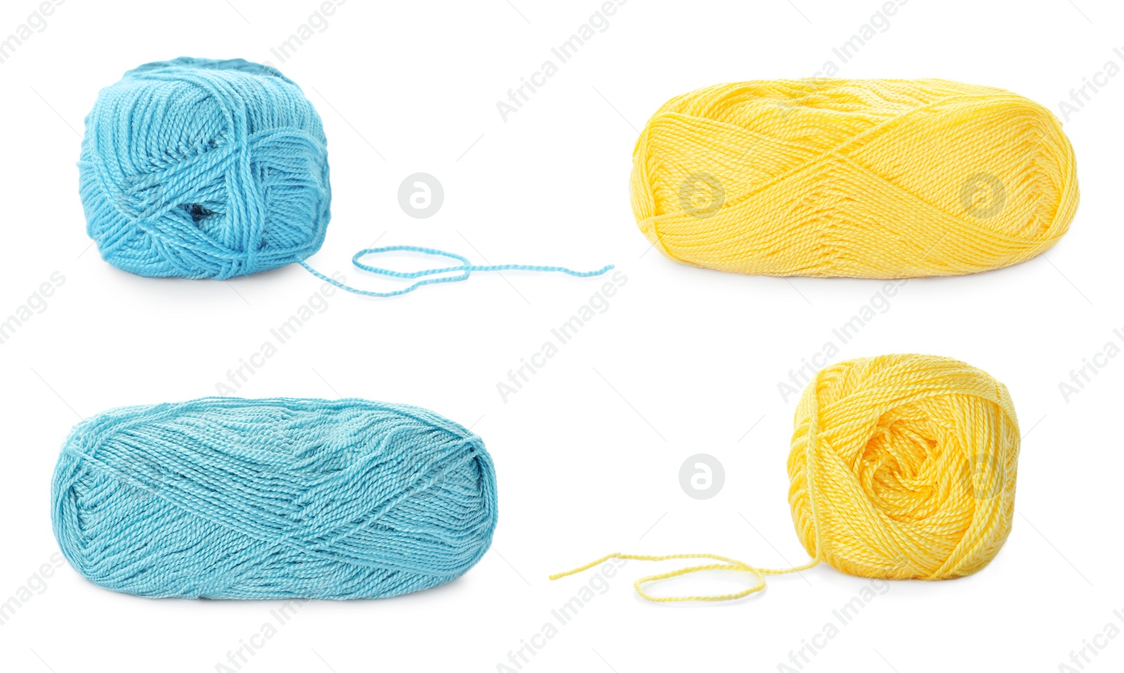 Image of Collage with colorful yarns on white background, different sides