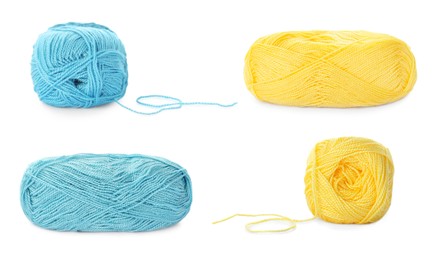 Image of Collage with colorful yarns on white background, different sides