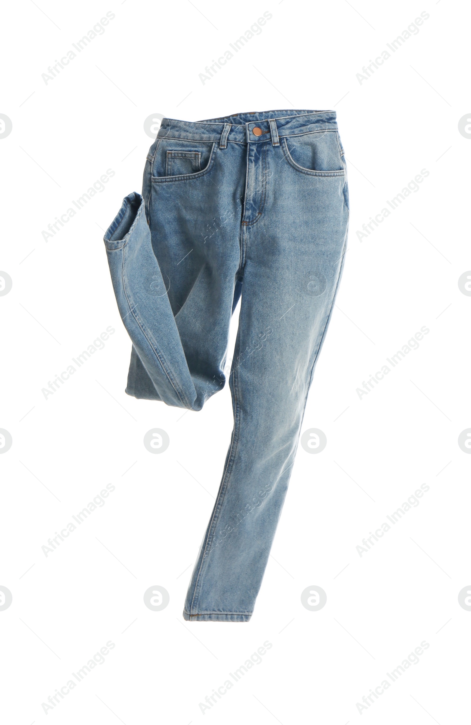 Photo of Blue jeans isolated on white. Stylish clothes