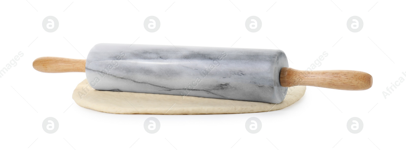 Photo of Raw dough and rolling pin isolated on white