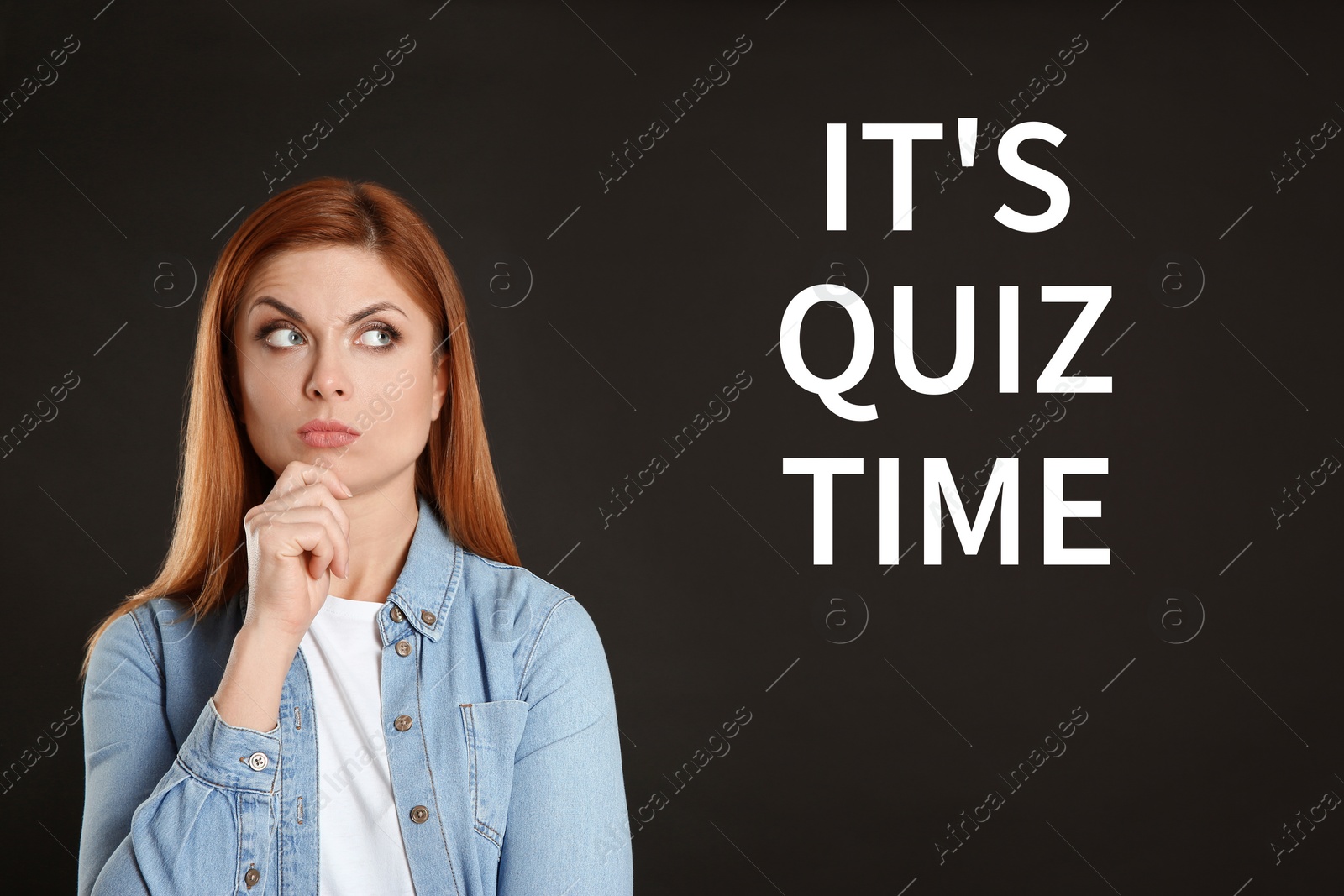 Image of Thoughtful woman and phrase IT'S QUIZ TIME on black background 