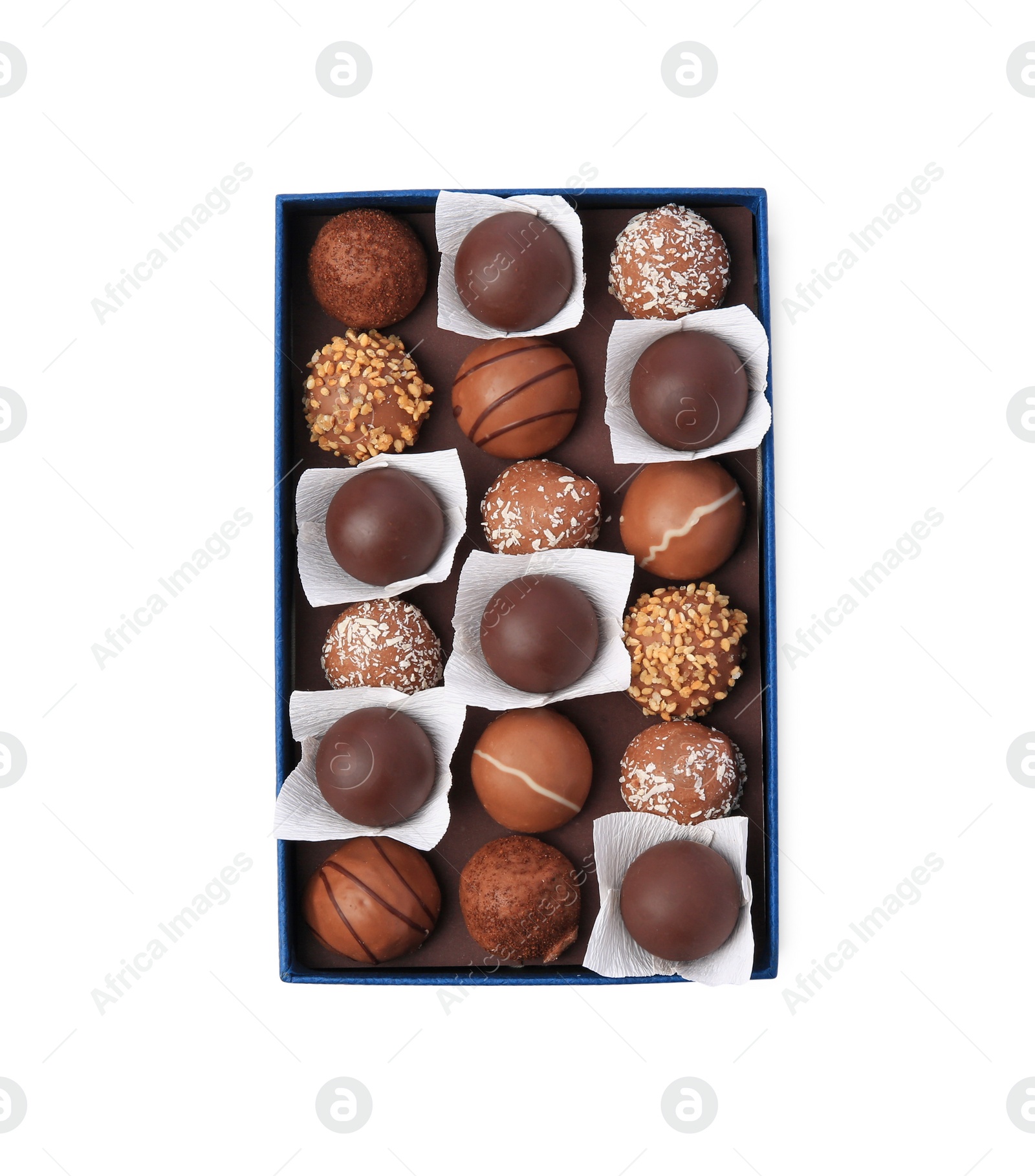 Photo of Box with delicious chocolate candies isolated on white, top view