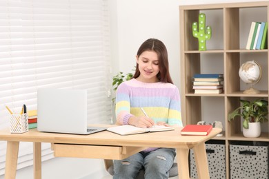 Photo of Cute girl writing in notepad near laptop at desk in room. Home workplace