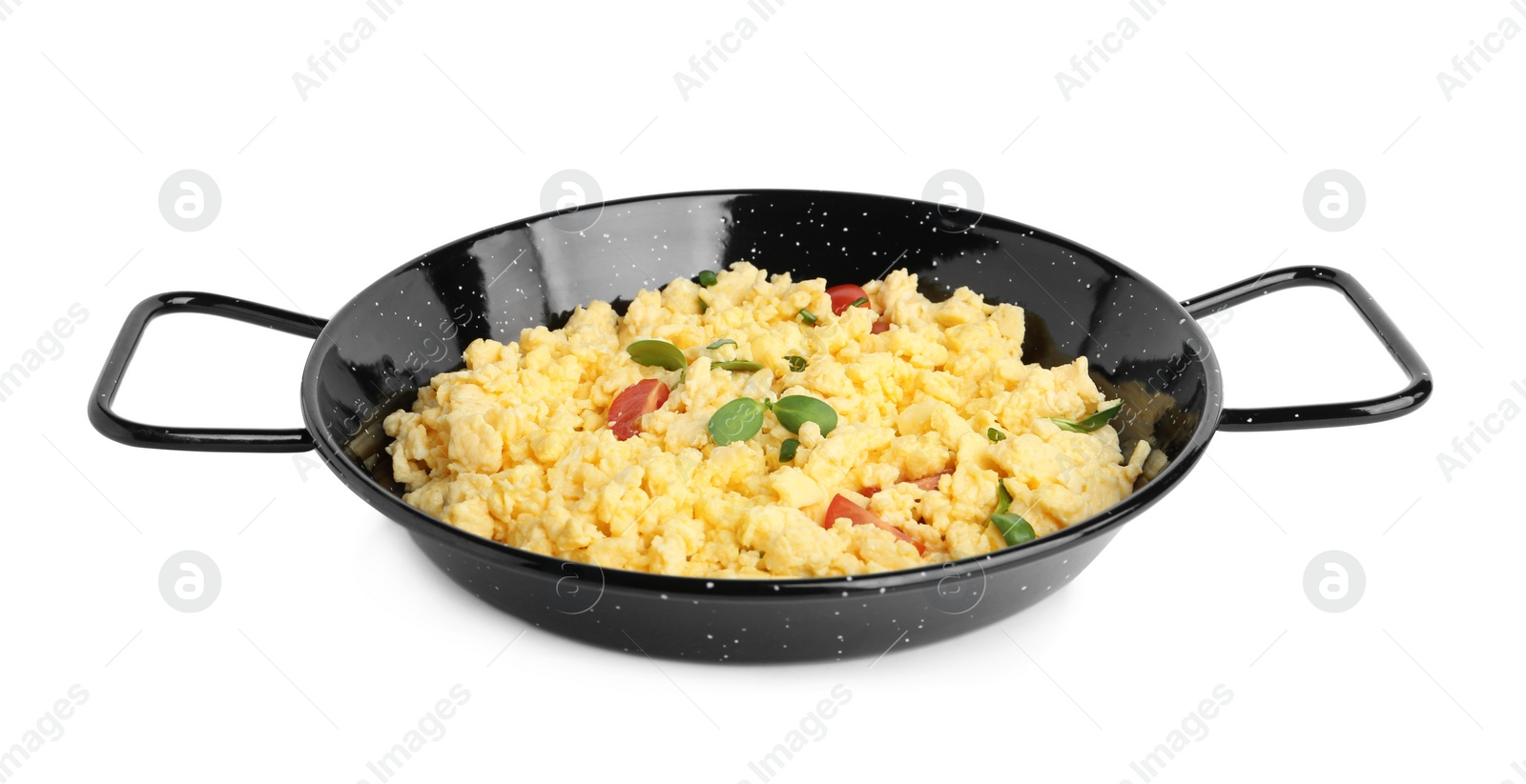 Photo of Tasty scrambled eggs with sprouts and cherry tomato in wok pan isolated on white
