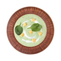 Photo of Delicious spinach cream soup with leaves and cheese in bowl isolated on white, top view