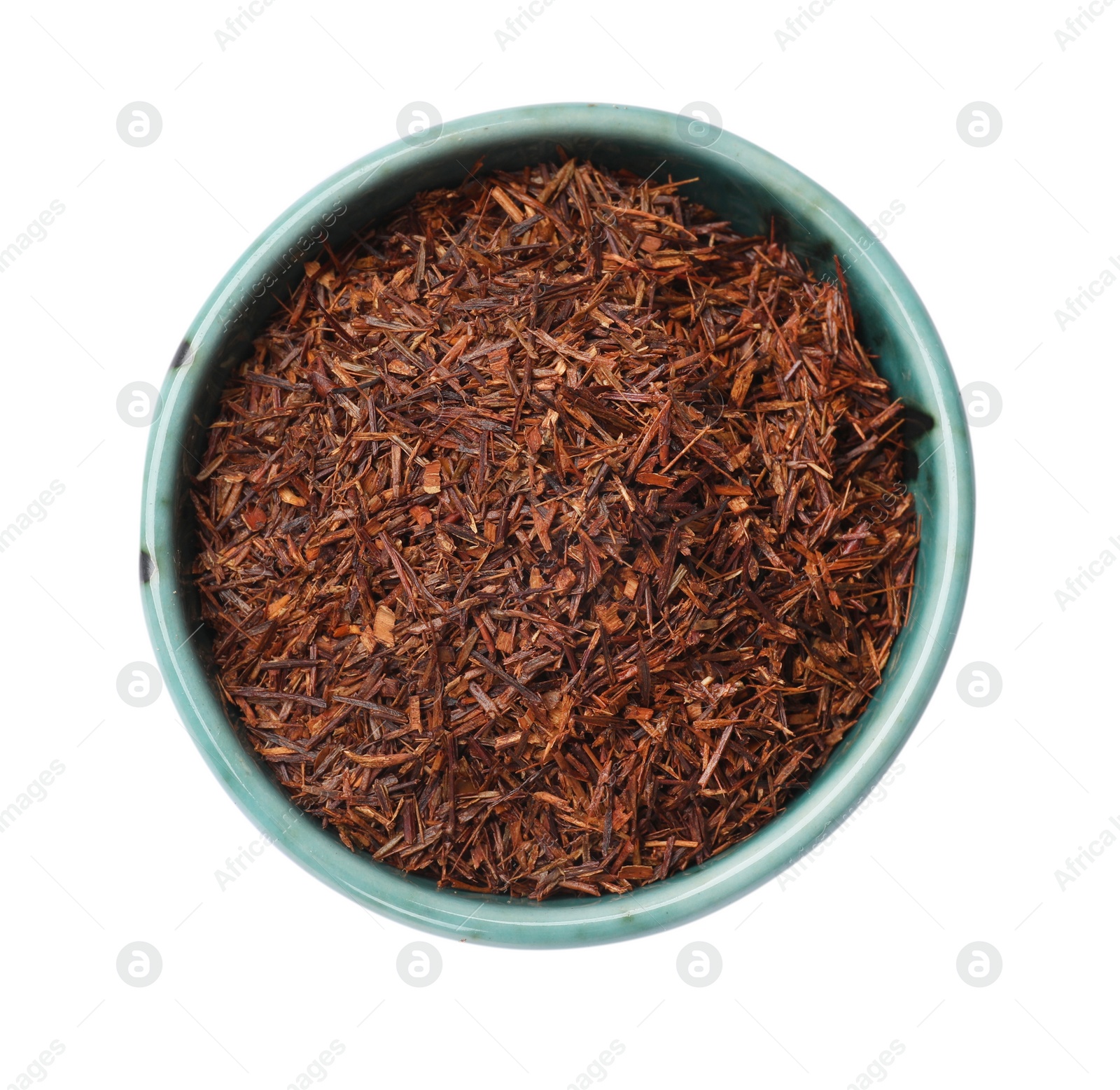 Photo of Rooibos tea in bowl isolated on white, top view