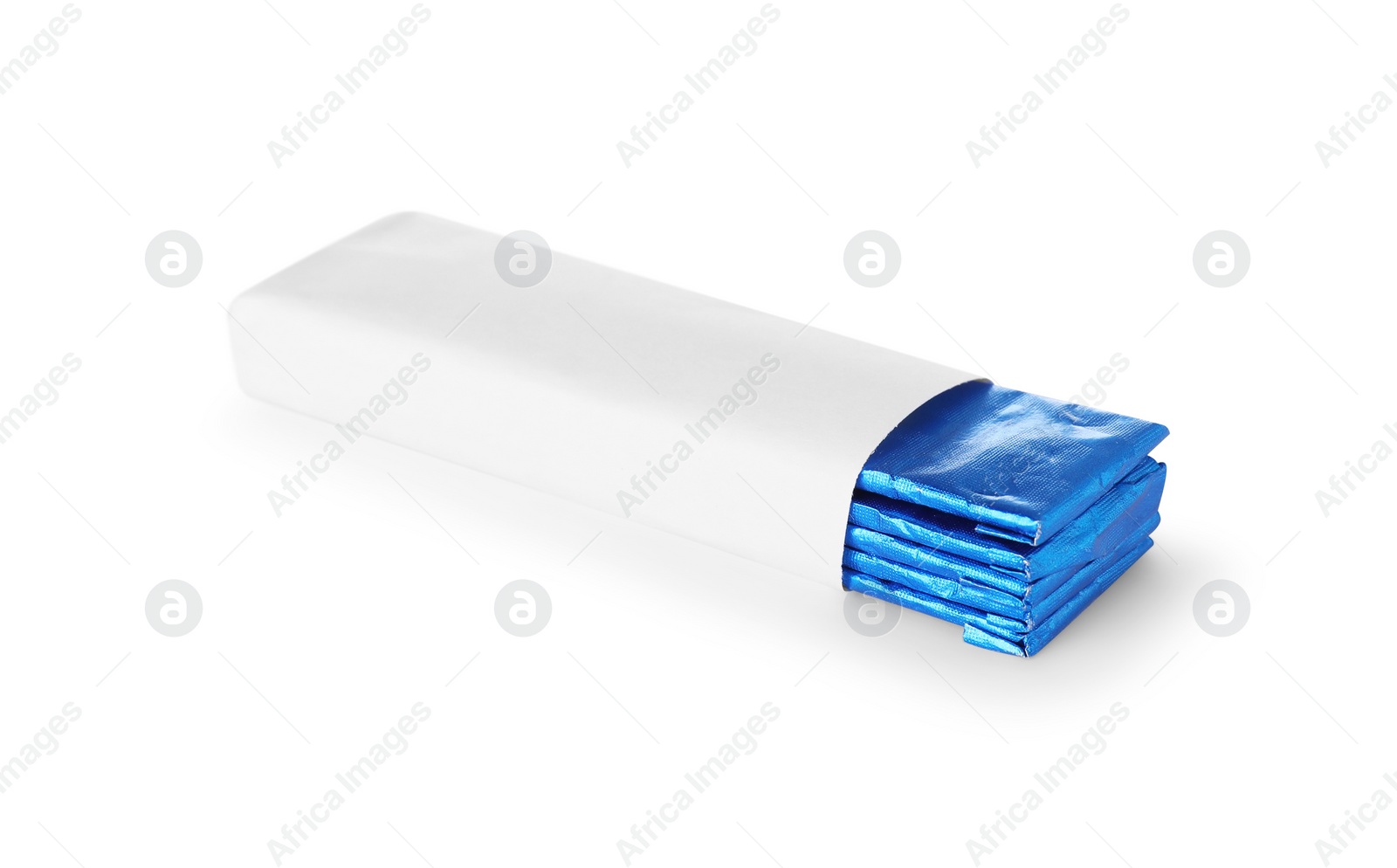 Photo of Pack with wrapped sticks of tasty chewing gum isolated on white