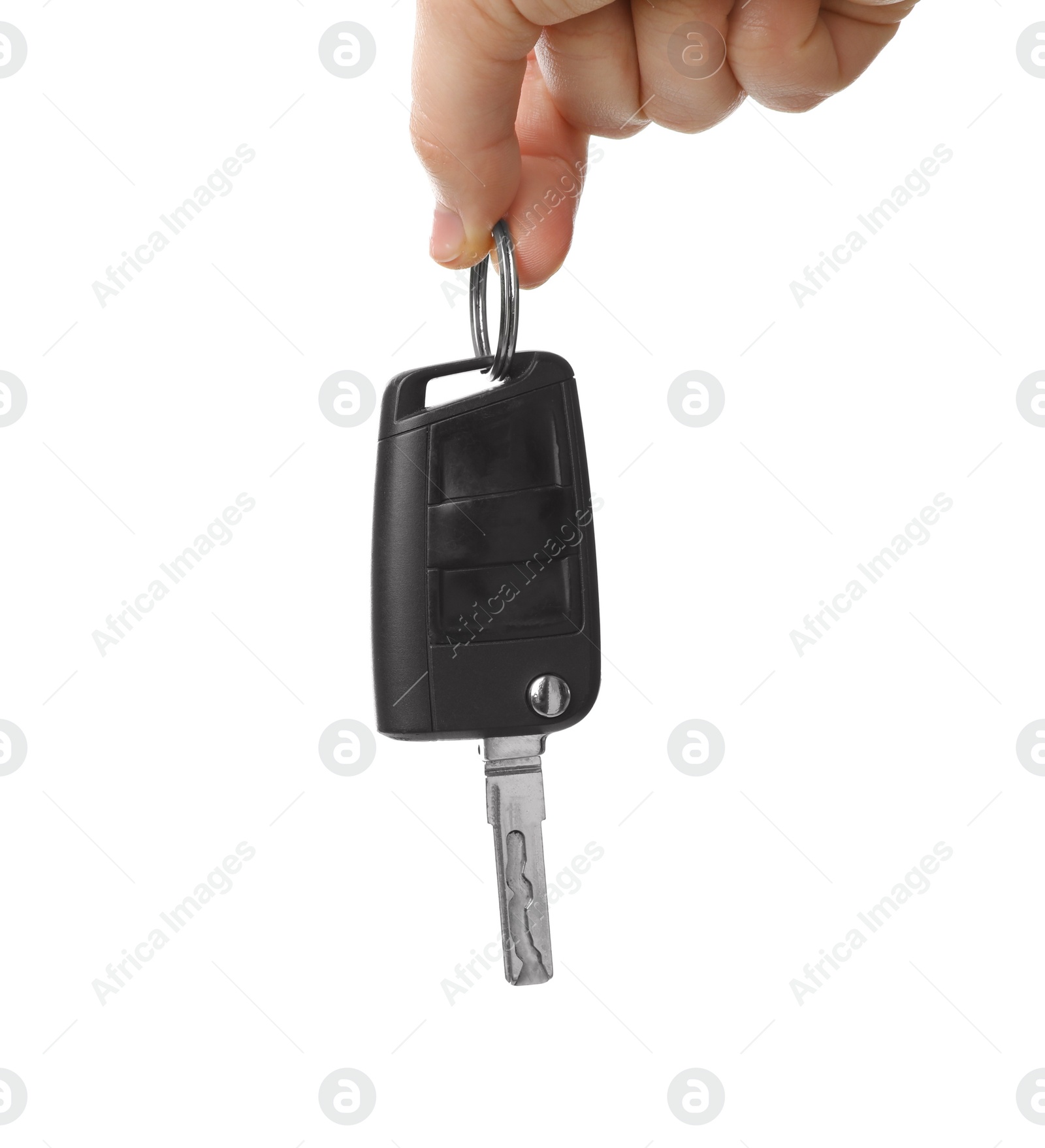 Photo of Man holding key on white background, closeup. Car buying