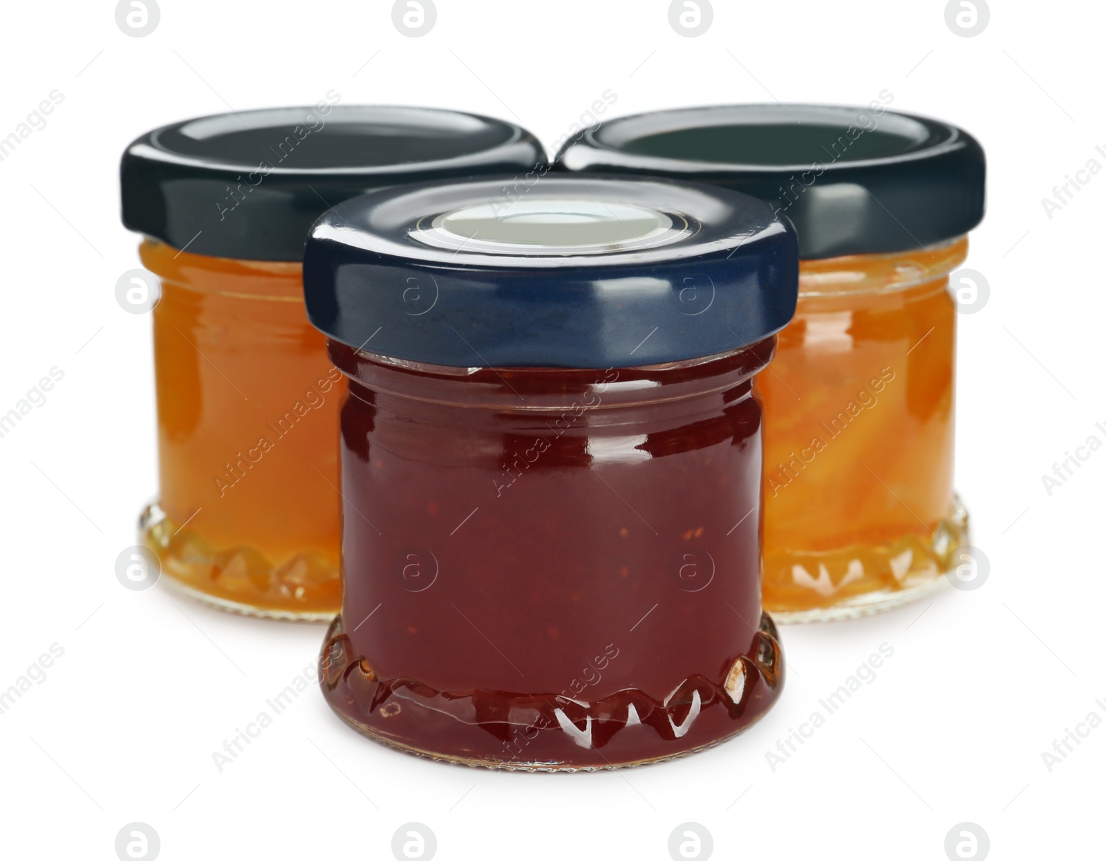 Photo of Jars with different jams on white background