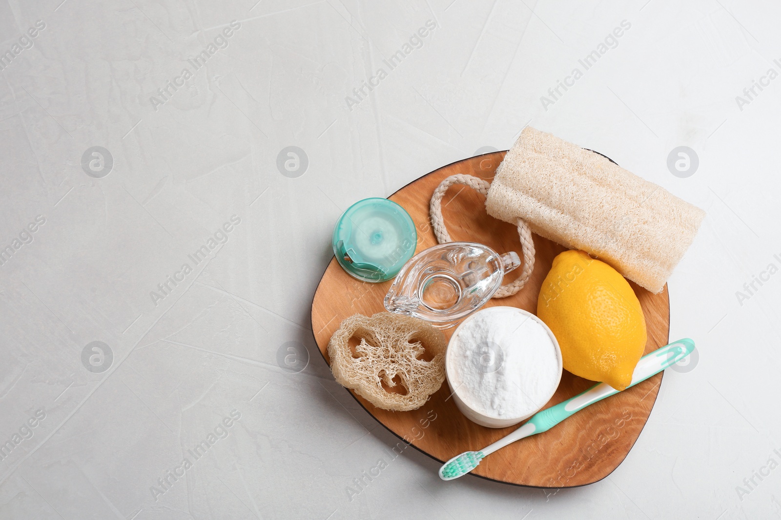 Photo of Flat lay composition with baking soda and space for text on table