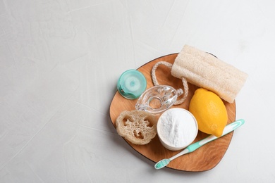 Flat lay composition with baking soda and space for text on table