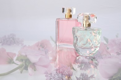 Luxury perfumes on spring floral decor, space for text