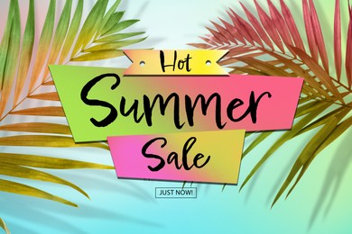 Hot summer sale flyer design with colorful palm leaves