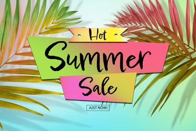 Image of Hot summer sale flyer design with colorful palm leaves