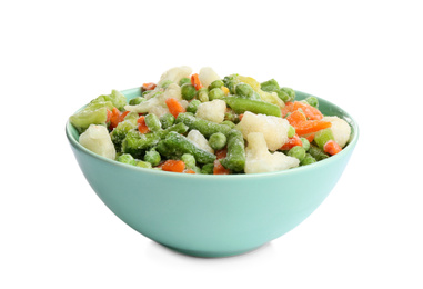 Photo of Frozen vegetables in bowl isolated on white