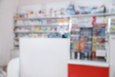 Blurred view of modern drugstore with pharmaceuticals