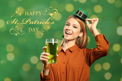 Image of Young woman with green beer on color background. St. Patrick's Day celebration