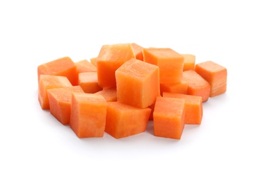 Photo of Pile of fresh carrot cubes isolated on white