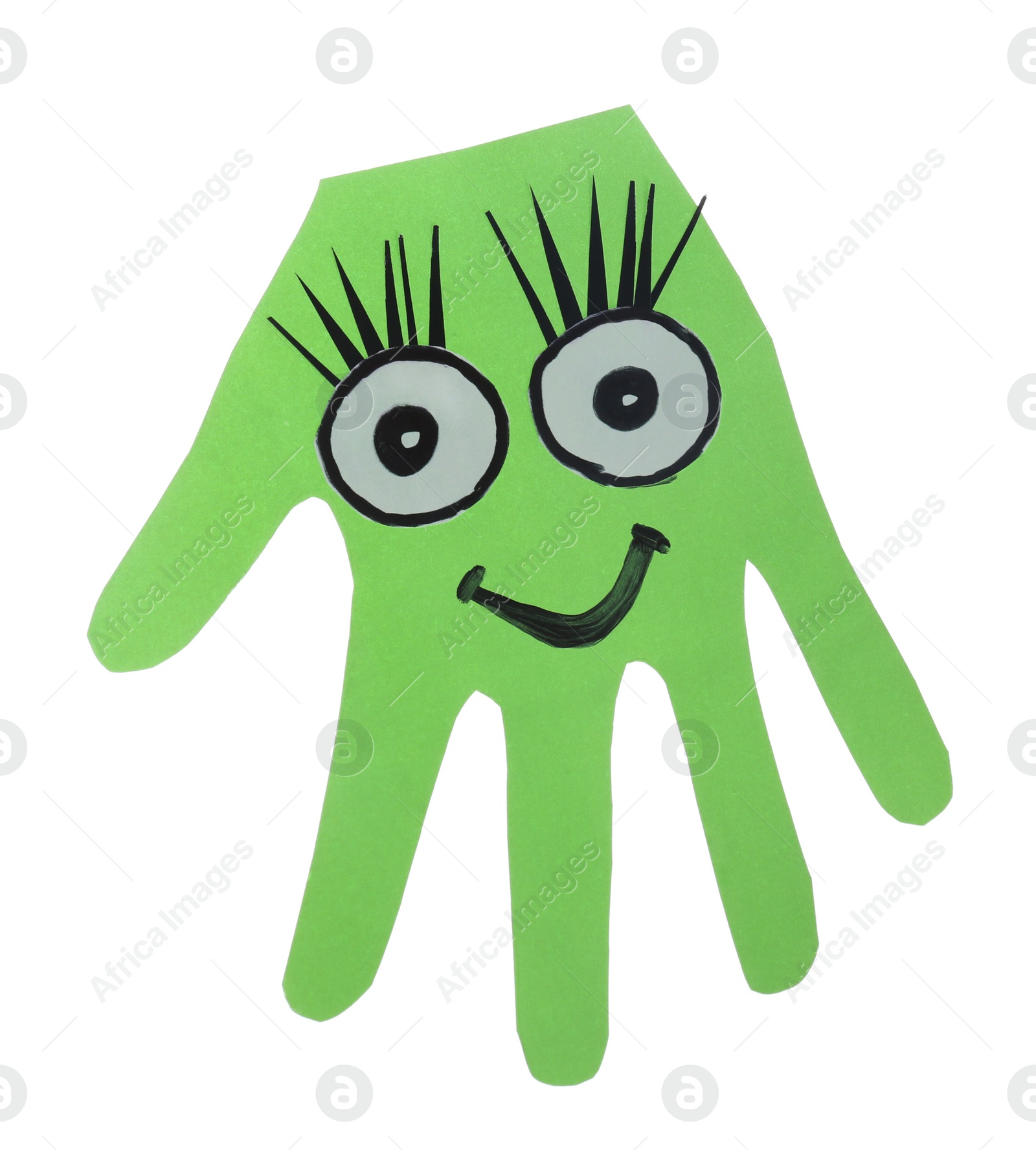 Photo of Funny green hand shaped monster isolated on white, top view. Halloween decoration