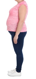 Overweight woman on white background, closeup. Weight loss