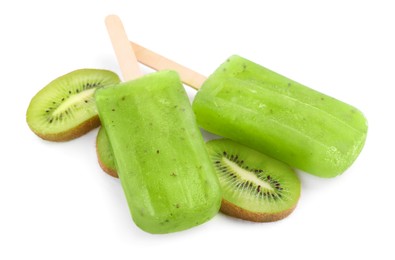 Photo of Tasty kiwi ice pops isolated on white. Fruit popsicle