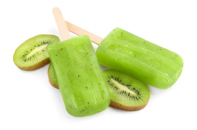 Tasty kiwi ice pops isolated on white. Fruit popsicle