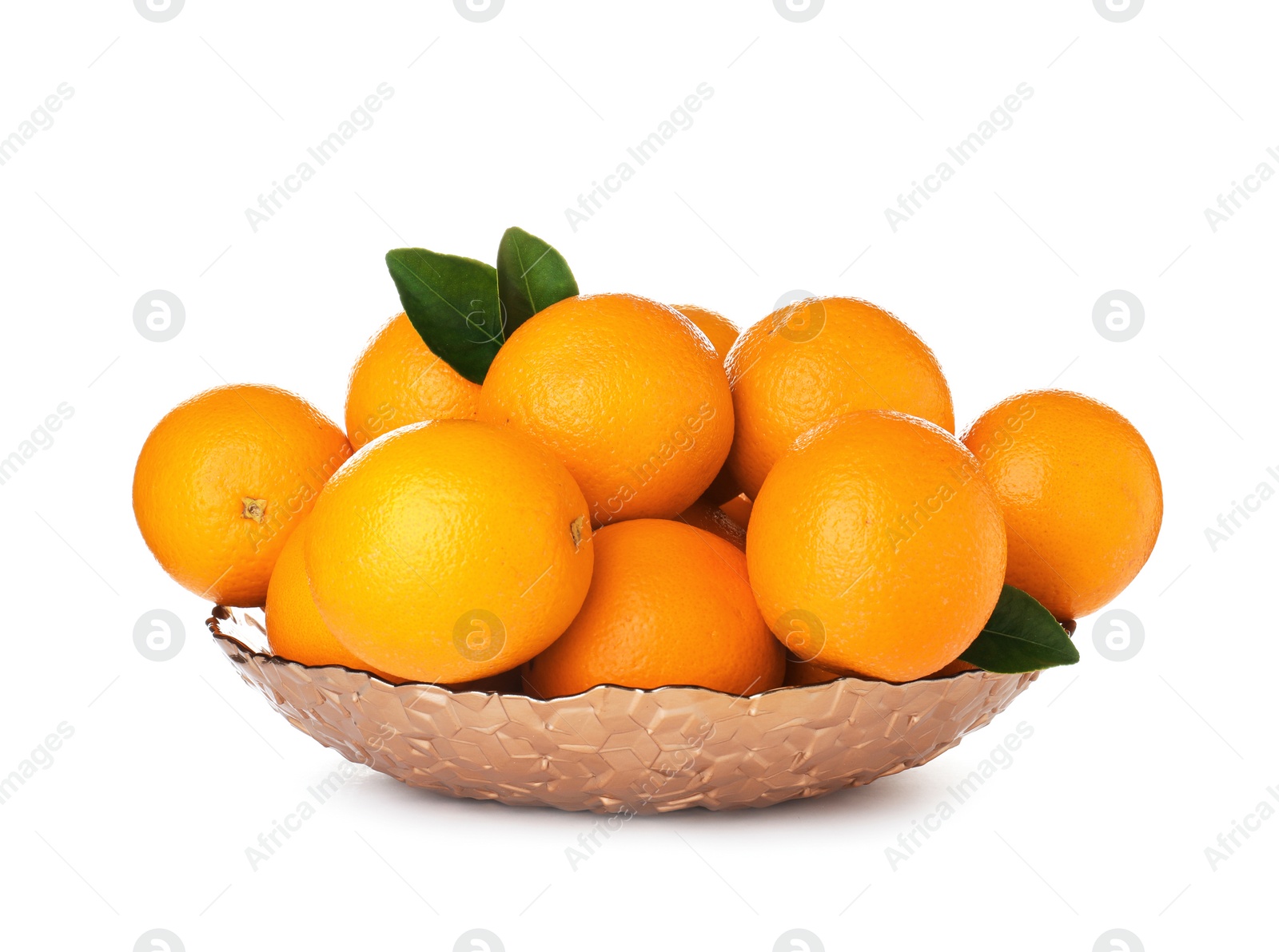 Photo of Fruit bowl with tasty oranges isolated on white