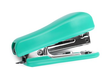 Photo of One turquoise stapler isolated on white, top view