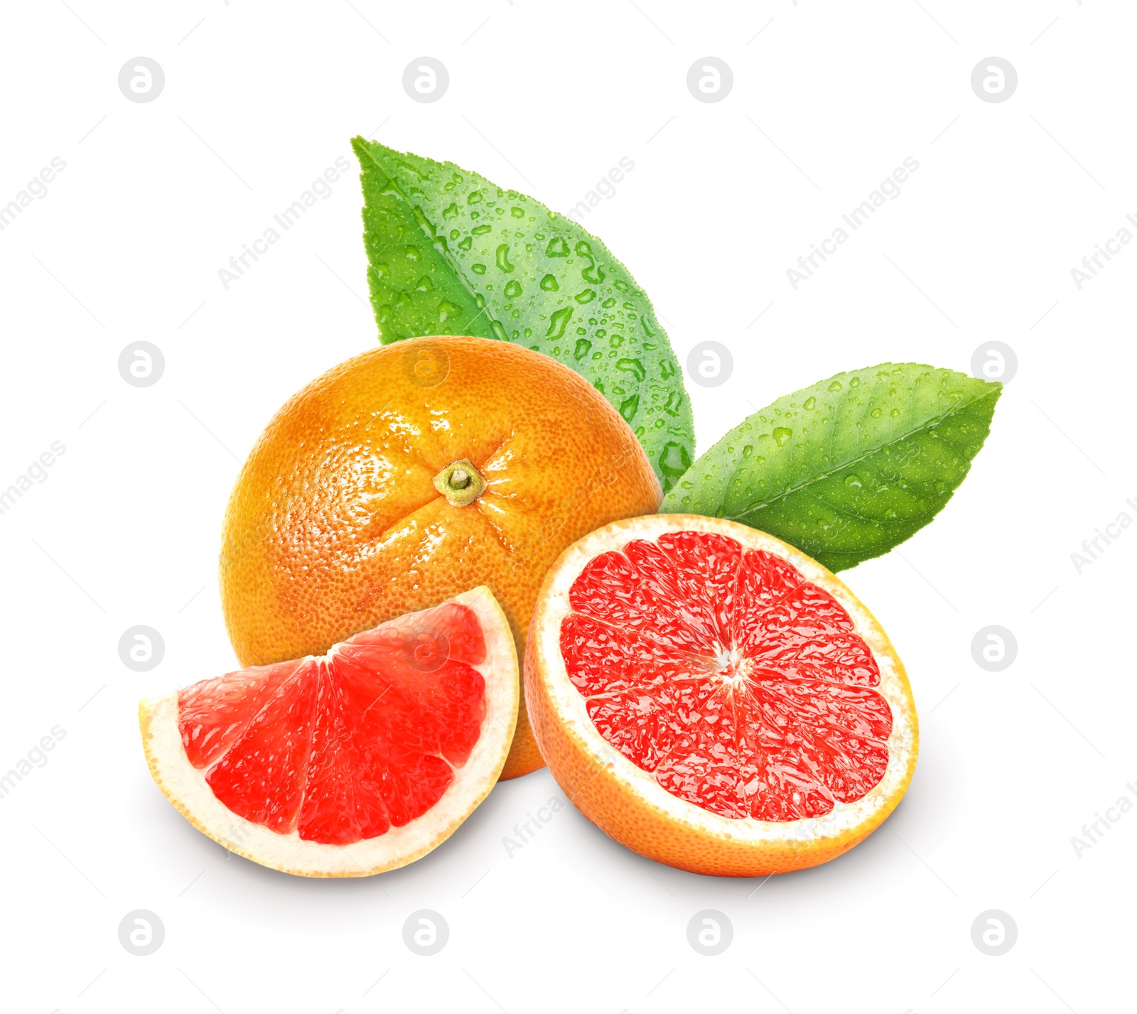 Image of Whole and cut grapefruits on white background