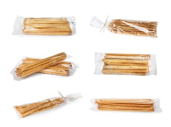 Image of Set with delicious crispy grissini sticks on white background