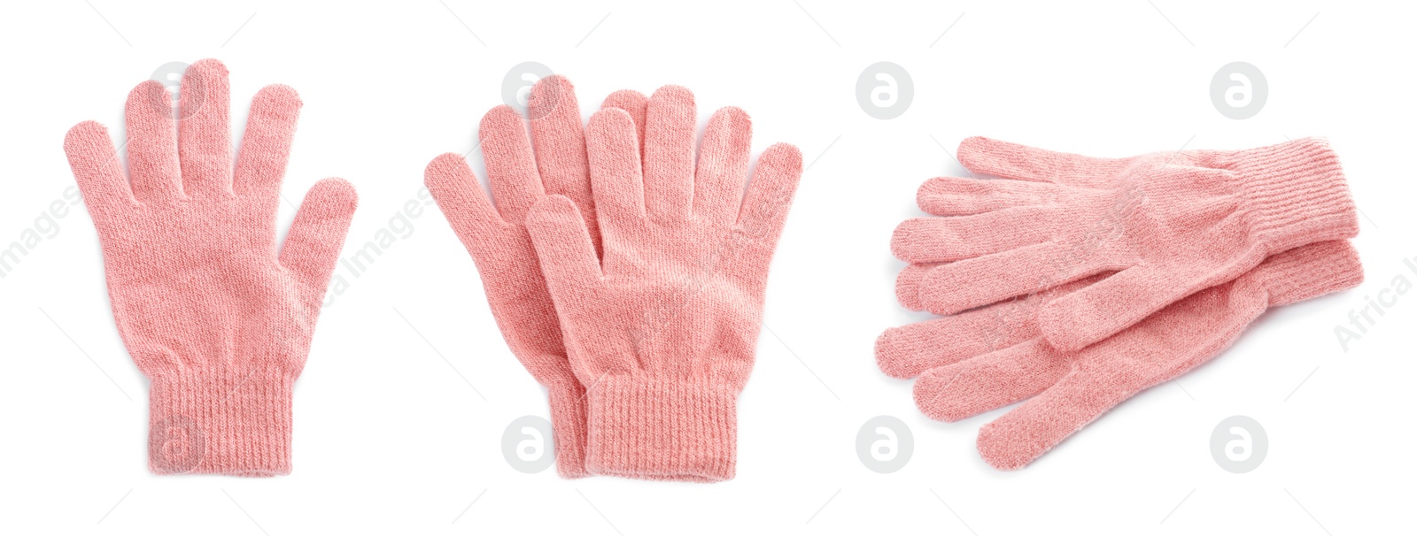 Image of Set of pink woolen gloves on white background. Banner design 