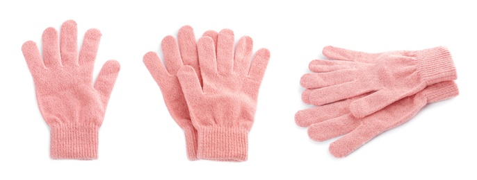 Image of Set of pink woolen gloves on white background. Banner design 