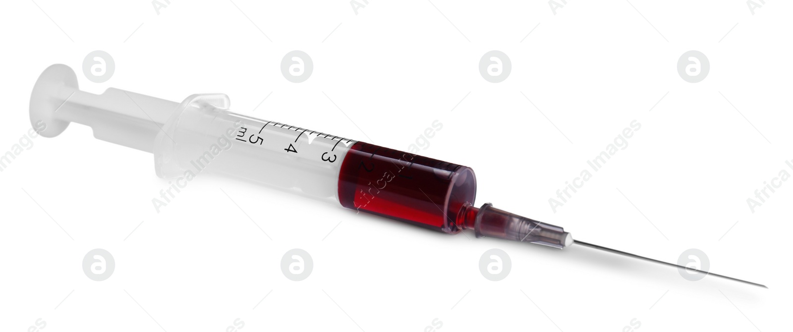 Photo of Plastic syringe with blood isolated on white