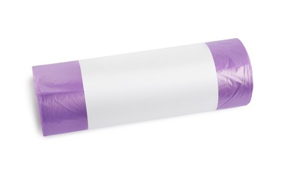 Photo of Roll of violet garbage bags on white background, top view. Cleaning supplies