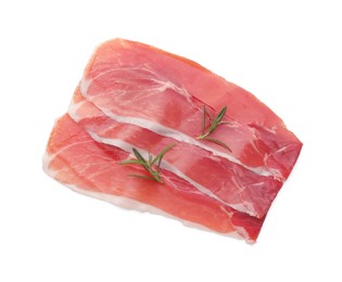 Photo of Slices of delicious jamon and rosemary isolated on white, top view