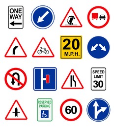 Set with different traffic signs on white background. Illustration