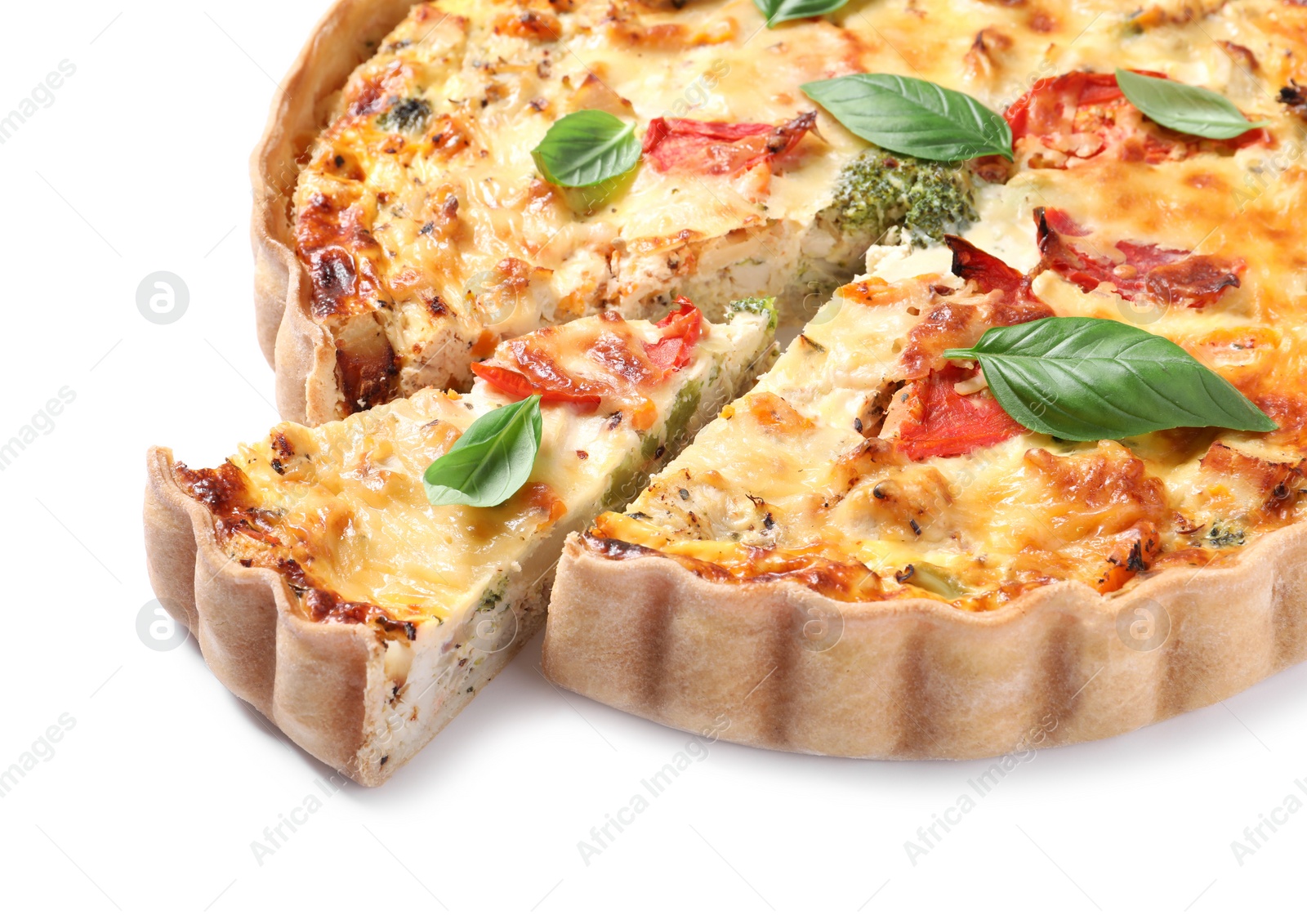 Tasty quiche with tomatoes, basil and cheese isolated on white Photo of Tasty quiche with tomatoes, basil and cheese isolated on white