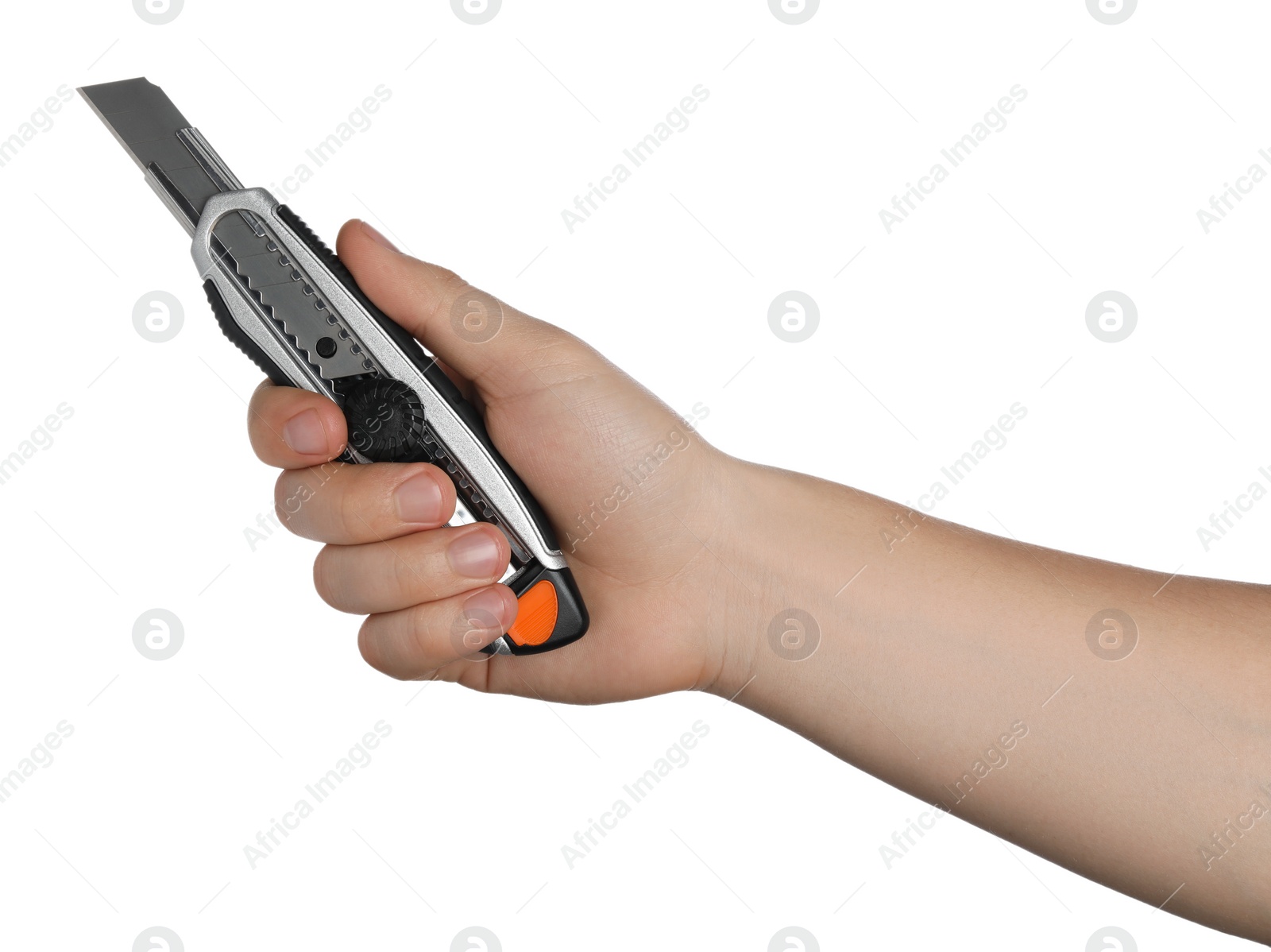 Photo of Man holding utility knife on white background, closeup