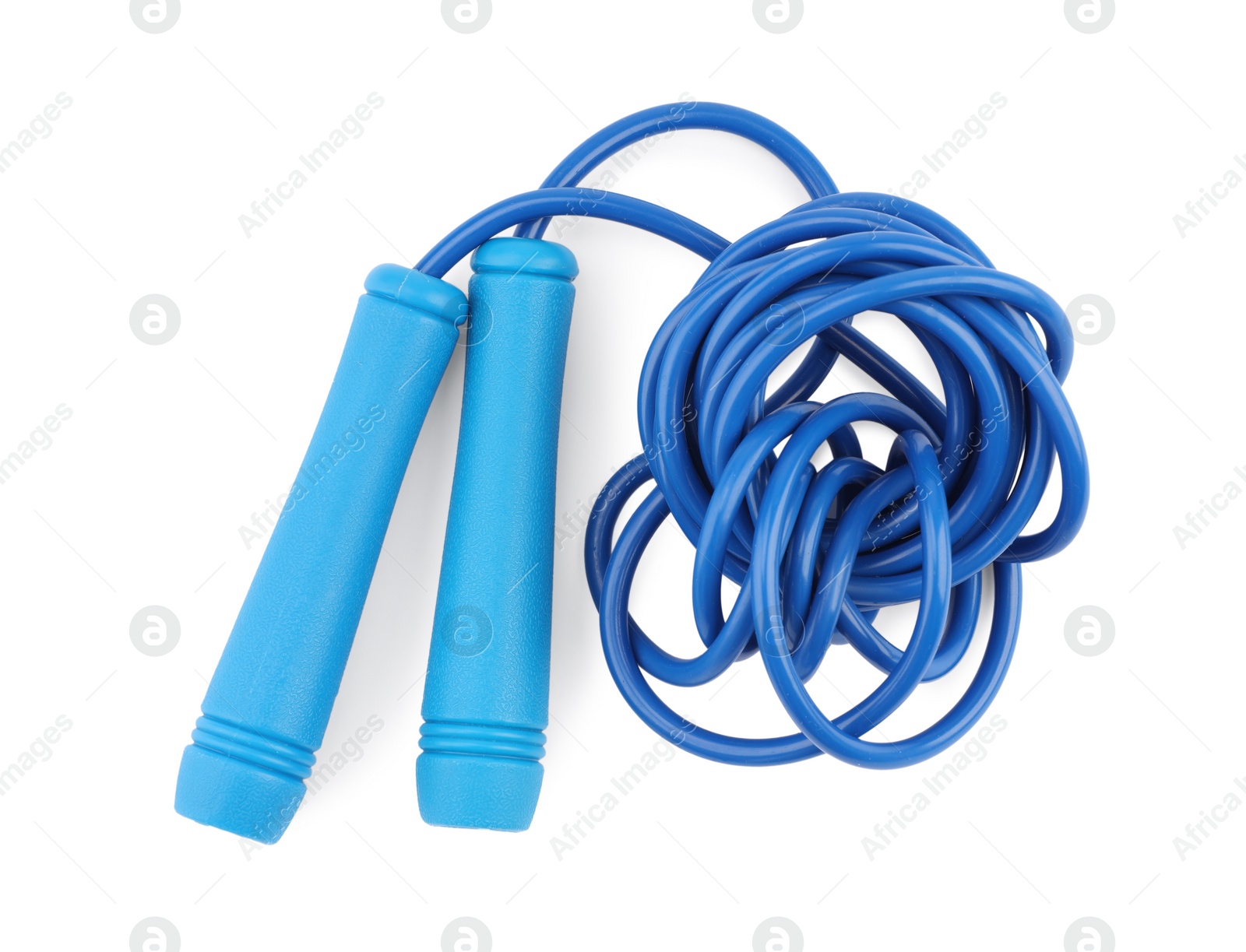 Photo of Blue skipping rope isolated on white, top view. Sports equipment