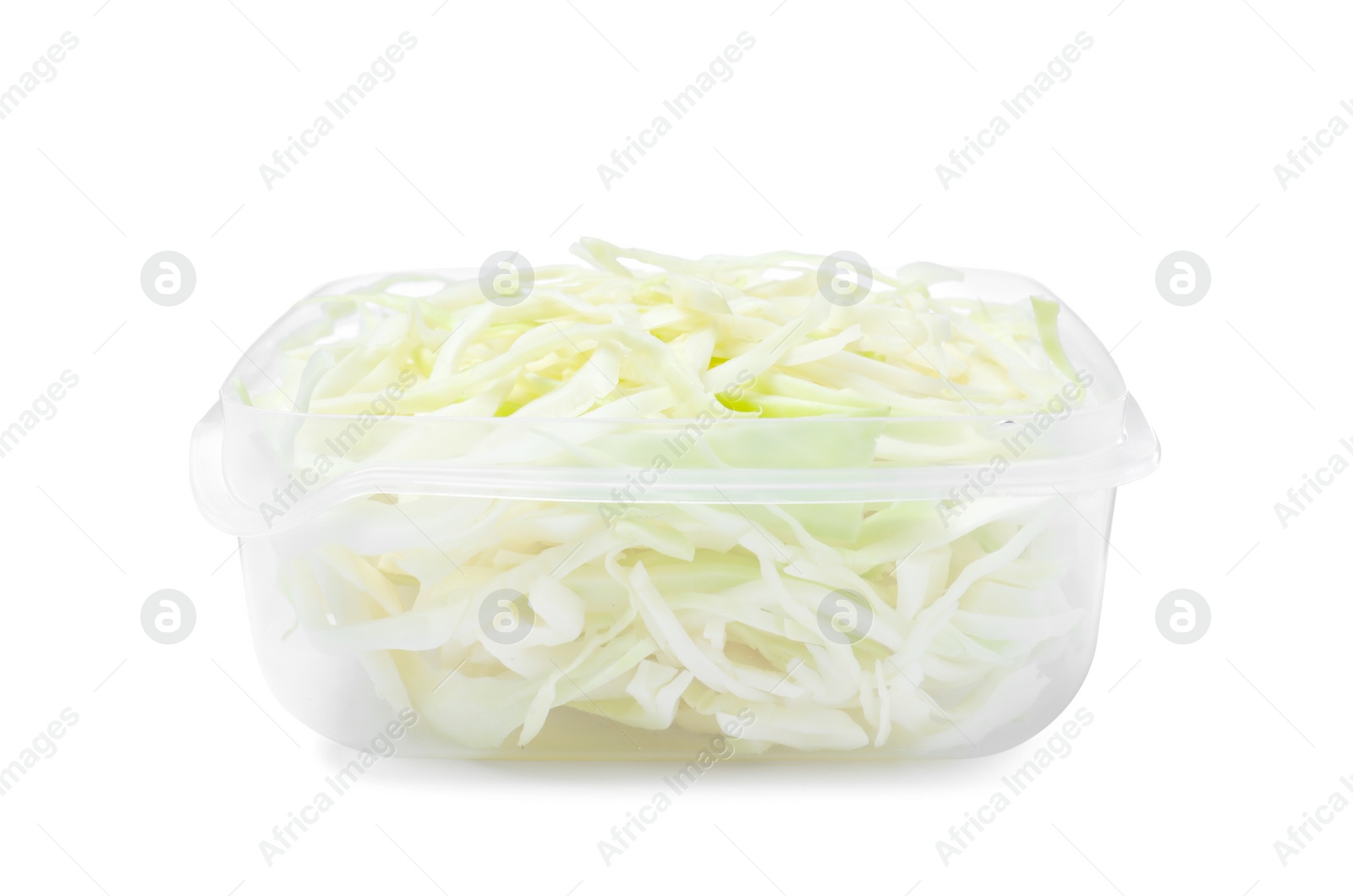 Photo of Fresh chopped cabbage in plastic container isolated on white