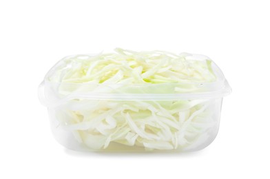 Photo of Fresh chopped cabbage in plastic container isolated on white