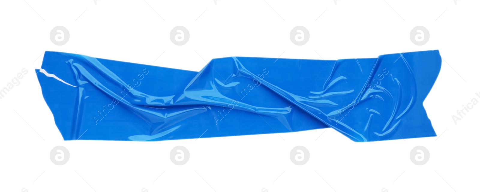 Photo of Piece of blue adhesive tape isolated on white, top view